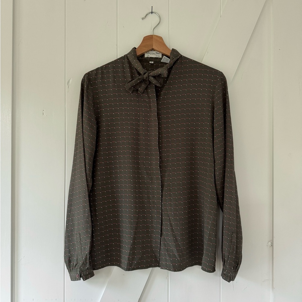 Vintage Christian Dior Brown Striped Blouse with Bow Detail